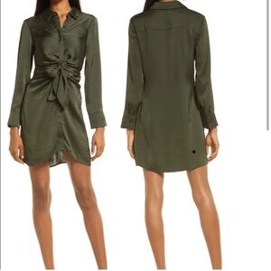 BB Dakota Tie Waist Long Sleeve Satin Shirt Dress mini green collar M